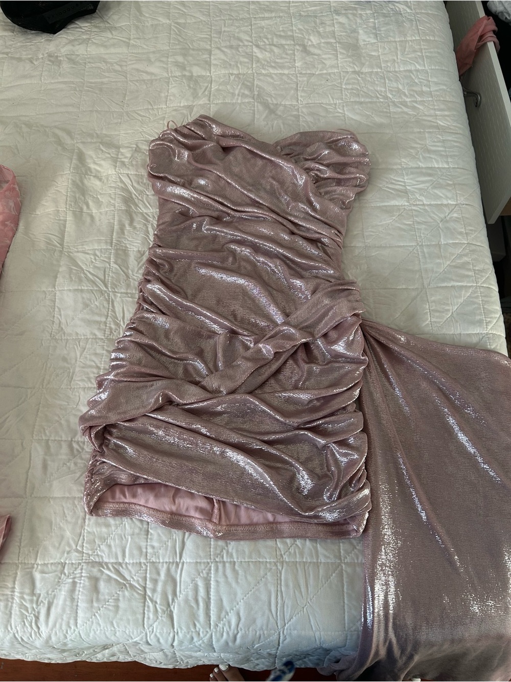 Shimmery Rose Mini Dress - Strapless Ruched Cocktail Dress